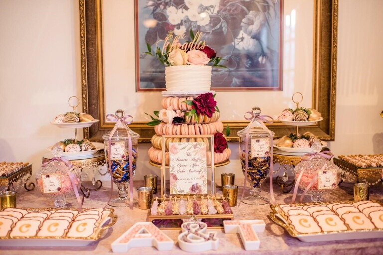 blush mauve burgundy gold wedding dessert station